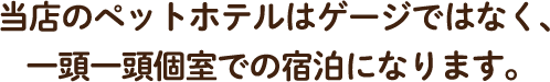 当店のペットホテルはゲージではなく、
一頭一頭個室での宿泊になります。